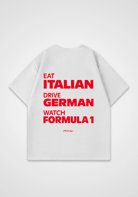 Eat Italian Drive German Oversized Shirt - White Back (Designed)